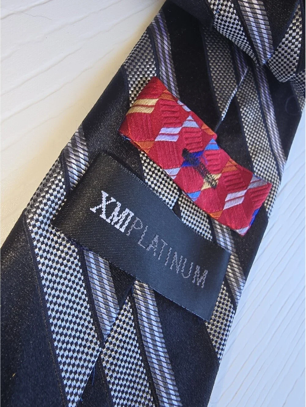 XMI Platinum Black Silver Striped 100% Silk Roffe Men's Necktie